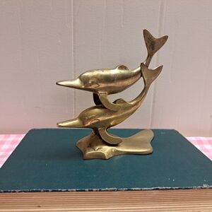 Vintage Solid Brass Swimming Pair of Dolphins Statue Sculpture MCM Mid Century